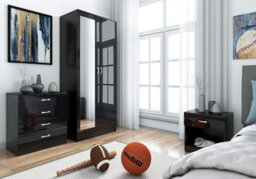 Harmin Mirrored Black High Gloss Bedroom Furniture Set - 2 Door Wardrobe Chest Bedside