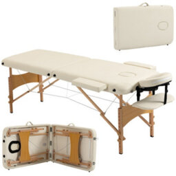 Homcom Wooden Folding Spa Beauty Massage Table W/ 2 Sections, Carry Bag, Cream - thumbnail 2