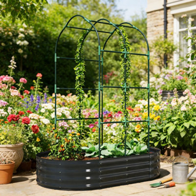 Outsunny 5 X 3 X 6Ft Galvanised Raised Garden Bed With Trellis, Dark Grey - image 1