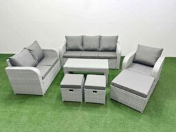 Fimous Pe Wicker 9 Seater Outdoor Rattan Furniture Sofa Sets Coffee Table Reclining Chair Loveseat Sofa Stool Light Grey - thumbnail 1