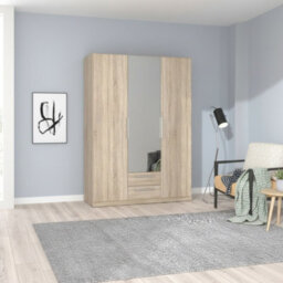 Cadixo Oak Sonoma Sliding Door Wardrobe Modern Bedroom Storage With Mirror Shelves Hanging Rails - thumbnail 1