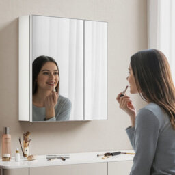 Emke Double Door Bathroom Mirror Cabinet 65X50Cm, Adjustable Glass Shelves, Concealed Handles & Door-Back Storage Unit - thumbnail 4