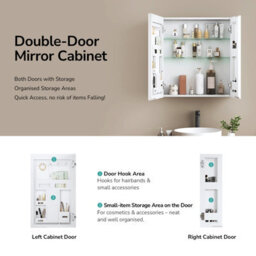 Emke Double Door Bathroom Mirror Cabinet 65X50Cm, Adjustable Glass Shelves, Concealed Handles & Door-Back Storage Unit - thumbnail 3