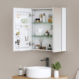 Emke Double Door Bathroom Mirror Cabinet 65X50Cm, Adjustable Glass Shelves, Concealed Handles & Door-Back Storage Unit - thumbnail 2