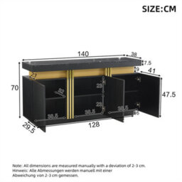 Abrihome 140Cm Black & Gold Buffet Cabinet With Faux Marble Top, 3 Doors & Adjustable Shelves, For Living Room & Kitchen - thumbnail 3
