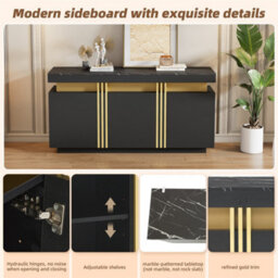 Abrihome 140Cm Black & Gold Buffet Cabinet With Faux Marble Top, 3 Doors & Adjustable Shelves, For Living Room & Kitchen - thumbnail 2