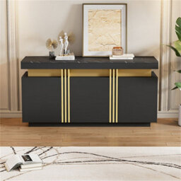 Abrihome 140Cm Black & Gold Buffet Cabinet With Faux Marble Top, 3 Doors & Adjustable Shelves, For Living Room & Kitchen - thumbnail 9