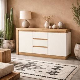 Wyld Haus Hjorring Natural Oak Wood And White Sideboard 2 Doors 3 Drawers