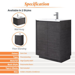 Plum&clay Matterhorn Dark Oak Floor Standing Bathroom Vanity Unit With White Basin (W)600mm (H)850mm - thumbnail 4