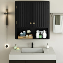 Costway Fluted Bathroom Wall Cabinet 2-Door Medicine Cabinet-Black - thumbnail 3