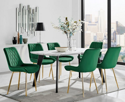 Furniturebox Andria Black Leg Marble Effect Dining Table And  6 Green Pesaro Gold Leg Chairs - image 1
