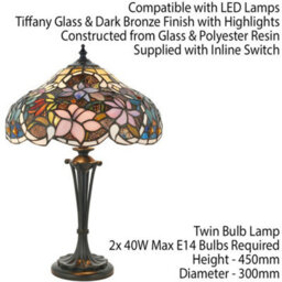 Tiffany Glass Table Lamp Light Dark Bronze & Multi Colour Floral Shade I00229 - thumbnail 2