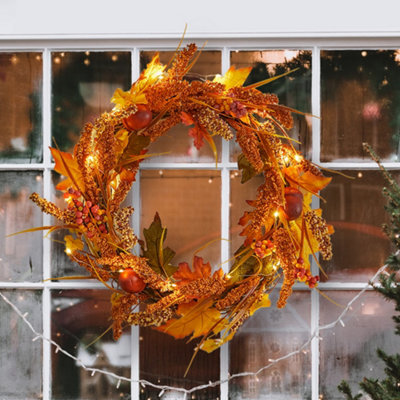 Darphe Large Autumn Golden Sorghum Wreath Decoration With Led Lights - image 1