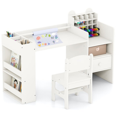 Costway Kids Art Table & Chair Set Toddler Painting Study Desk With Removable Paper Roll Holder-White - image 1