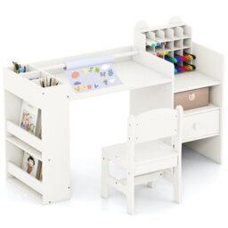 Costway Kids Art Table & Chair Set Toddler Painting Study Desk With Removable Paper Roll Holder-White