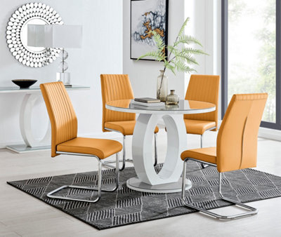 Furniturebox Giovani Round 4 Seat 100Cm White High Gloss Unique Halo Base Grey Glass Top Dining Table 4 Mustard Faux Leather Lorenzo Chairs - image 1