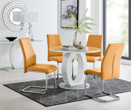 Furniturebox Giovani Round 4 Seat 100Cm White High Gloss Unique Halo Base Grey Glass Top Dining Table 4 Mustard Faux Leather Lorenzo Chairs - thumbnail 1