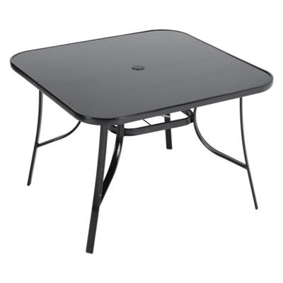 Breeins 105Cm W Square Wrought Iron Style Garden Table With Tempered Glass Top And Parasol Hole, Black - image 1
