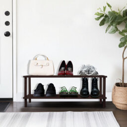 2 Tier Dark Oak Wooden Shoe Rack Footwear Storage Organiser Unit Multi Purpose Slated Shelf Dvd Books Space Efficient - thumbnail 2