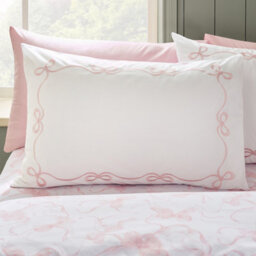 Catherine Lansfield Bow Embroidery Double Duvet Cover Set With Pillowcases White / Pink - thumbnail 3