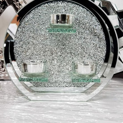 Biznest 3 Round Crushed Crystal Tealight Clear Silver Mirror Glass Candle Holder With Walls Home Decor Wedding