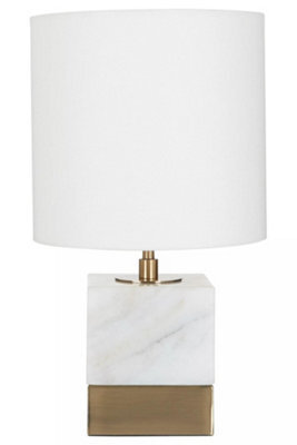 Orsina White Marble Accent Lamp With Cream Shade, Modern Table Lamp With Brass Finish Base, Marble Block Lamp - image 1