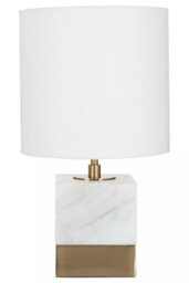 Orsina White Marble Accent Lamp With Cream Shade, Modern Table Lamp With Brass Finish Base, Marble Block Lamp