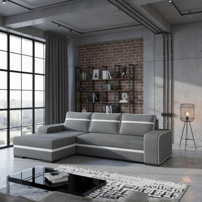 Finn Living Room Corner Sofa Bed With Sinuous Spring Wooden Frame Legs Storage Container 285X165X90Cm Grey And White Left - image 1
