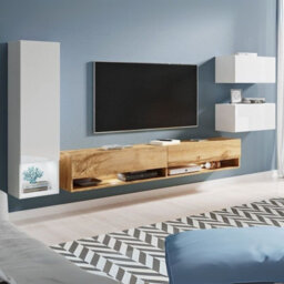 Amadeo Modern Wall Unit With Tv Cabinet And Hanging Storage White White Gloss Wotan With Led Lights - thumbnail 2