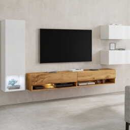 Amadeo Modern Wall Unit With Tv Cabinet And Hanging Storage White White Gloss Wotan With Led Lights - thumbnail 1