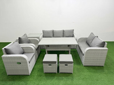 Fimous Pe Rattan Garden Furniture Set Reclining Chair Double Love Seat 2 Seater Sofa Lounge Set 2 Stools Side Table Light Grey - image 1