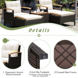 Costway 5 Piece Patio Rattan Furniture Set Wicker Lounge Chair And Ottoman Set W/ Table - thumbnail 8