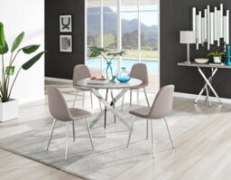 Furniturebox Uk Novara Grey Concrete Effect Round Dining Table & 4 Cappuccino Corona Silver Chairs
