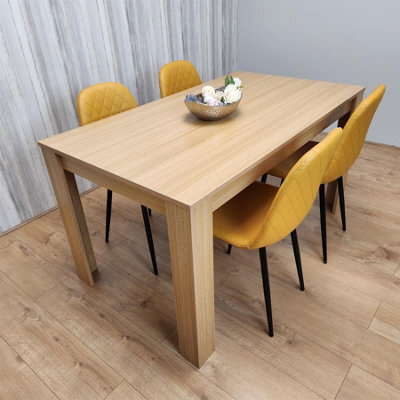 Kosy Koala Oak Effect Dining Table Set With 4 Mustard Gem Pattern Chairs Dining Room Furniture - image 1