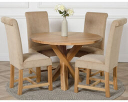 That's Furniture Oregon Round Oak Dining Table And 4 Chairs Dining Set With Washington Beige Fabric Chairs