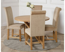 That's Furniture Oregon Round Oak Dining Table And 4 Chairs Dining Set With Washington Beige Fabric Chairs - thumbnail 3