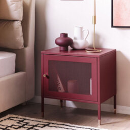 Beliani Dark Red Steel Bedside Table With Mesh Door, Compact Nightstand W45 X D35 X H51Cm - thumbnail 2