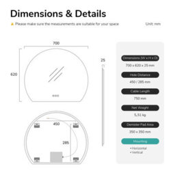 Emke Frameless Led Bathroom Mirror 62 X 70Cm, 3 Colour Temperatures, Dimmable, Anti-Fog, Touch Control - thumbnail 8