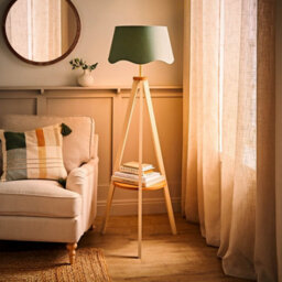 ValueLights Morrigan Cream Wood Shelf Floor Lamp With Sage Green Scallop Shade And Bulb