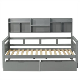 Abrihome 3Ft Single Beds For Kids With Bookcase Headboard & 2 Drawers, Space-Saving Design, Grey - thumbnail 5