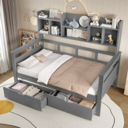 Abrihome 3Ft Single Beds For Kids With Bookcase Headboard & 2 Drawers, Space-Saving Design, Grey - thumbnail 1