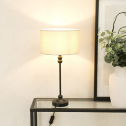 Valuelights Maggie Black Metal Candlestick Slim Table Lamp With Natural Fabric Drum Lamp Shade - thumbnail 1