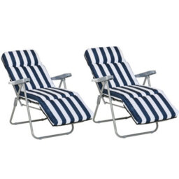 Outsunny Set Of 2 Folding Sun Lounger Recliner Chairs Daybed Cushion Blue White - thumbnail 2