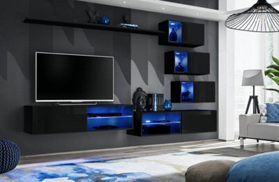 Arte Switch Xxiv Black Gloss Wall Entertainment Unit For Tvs Up To 49 Inch - Sleek Modern Statement With Led Highlights