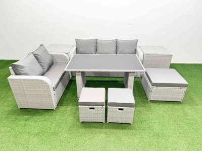 Fimous Garden Furniture Set Pe Ratten Garden Sofa Set With Rectangular Dining Table 3 Stool 2 Side Tables Light Grey - image 1