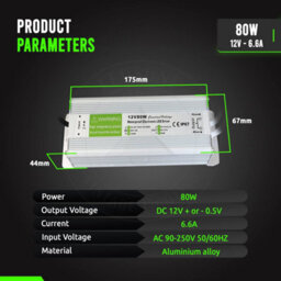 12V 80W Led Driver Ip67 Waterproof, 240V Ac To 12V Dc 6.6A Constant Voltage Power Supply For Led Strip Lights Indoor Outdoor Quiet - thumbnail 2