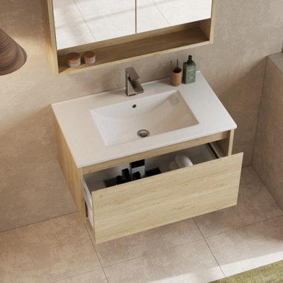 Banyetti Mino 800mm Wall Hung Vanity Unit With Lira Basin - Natural Oak - image 1