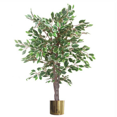 Leaf Artificial Ficus Tree Plant White Edge Twist 130Cm Plants Gold Metal Planter - image 1