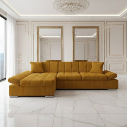 Malwi Left Hand Corner Sofa Bed With Storage Modern Yellow Corduroy Design With Pullout  Guest Bed