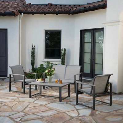 Xample Sunvilla Helio 4-Piece Sling Patio Set With Cover 2 Armchairs, Loveseat, Coffee Table, Rust-Resistant Aluminium & Phifertex Fabric